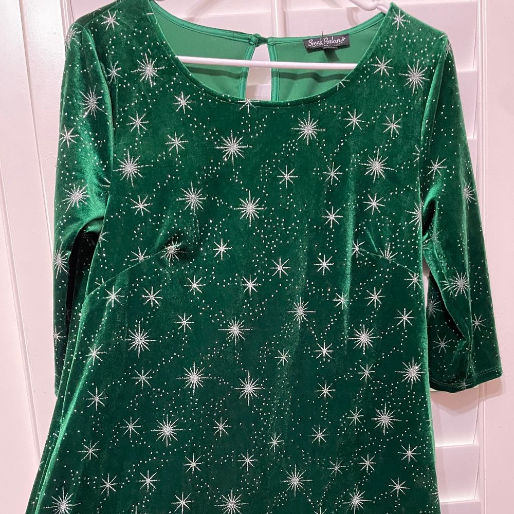 Vingtage Velvet Green Sparkle Dress Long Sleeve